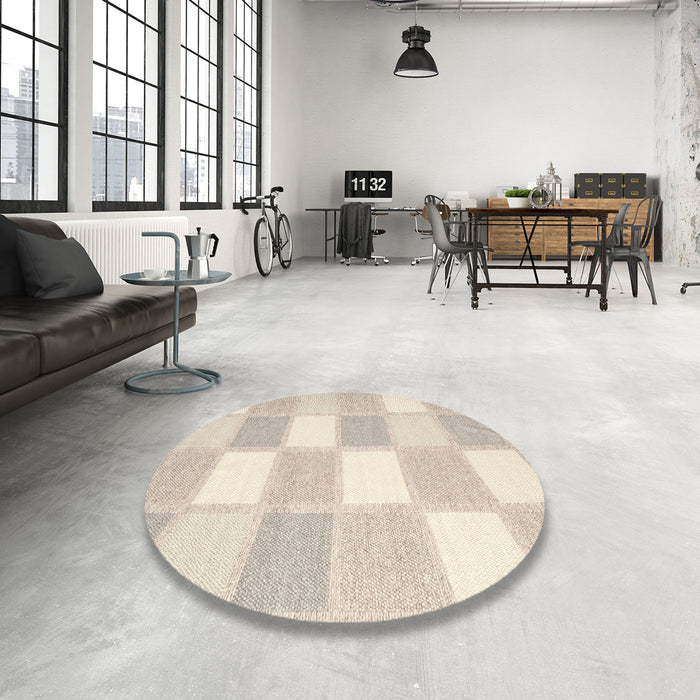 Round Contemporary Tan Brown Checkered Rug in a Office, con2549