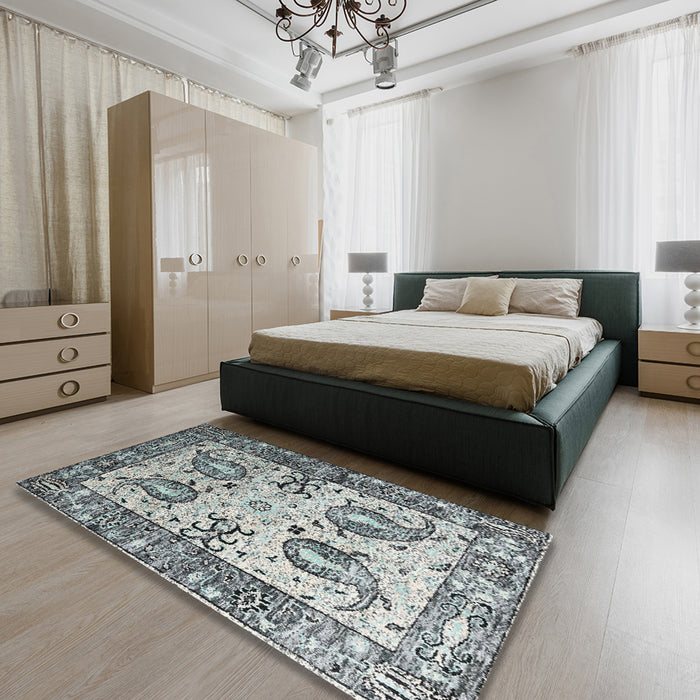 Contemporary Gray Modern Rug in a Bedroom, con2557