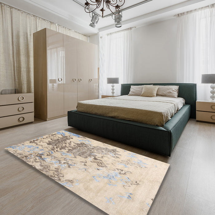 Contemporary Camel Brown Solid Rug in a Bedroom, con2592