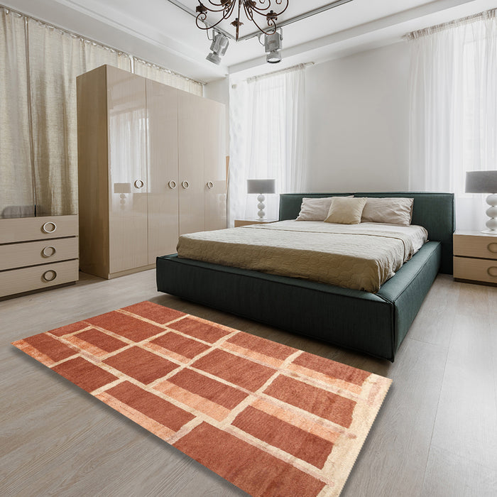 Contemporary Orange Red Modern Rug in a Bedroom, con2604