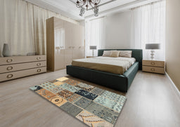 Contemporary Brown Patchwork Rug in a Bedroom, con2627