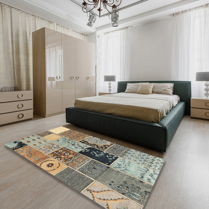 Contemporary Brown Patchwork Rug in a Bedroom, con2627