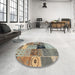 Round Contemporary Brown Patchwork Rug in a Office, con2627