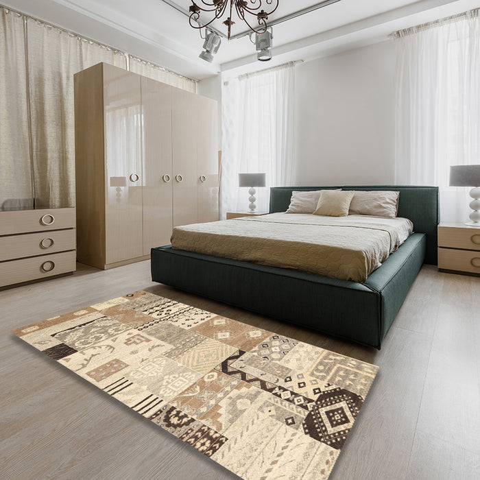 Contemporary Khaki Gold Southwestern Rug in a Bedroom, con2628