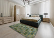 Contemporary Khaki Green Patchwork Rug in a Bedroom, con2629