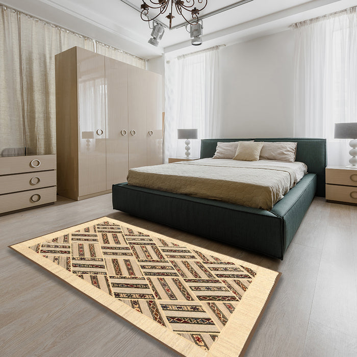 Contemporary Brown Gold Solid Rug in a Bedroom, con2634