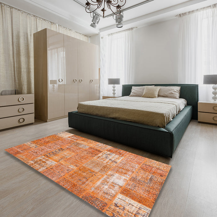 Contemporary Orange Red Patchwork Rug in a Bedroom, con2637