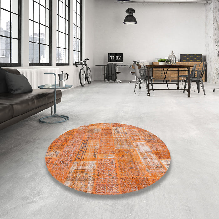 Round Contemporary Orange Red Patchwork Rug in a Office, con2637