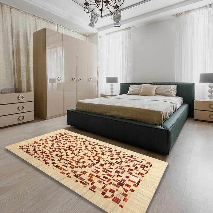 Contemporary Brown Gold Solid Rug in a Bedroom, con2638