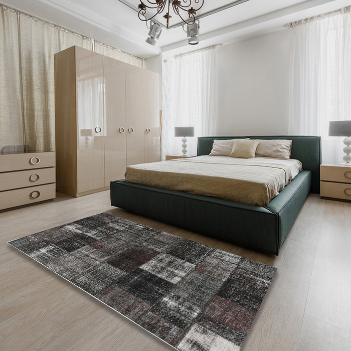 Contemporary Charcoal Black Patchwork Rug in a Bedroom, con2668