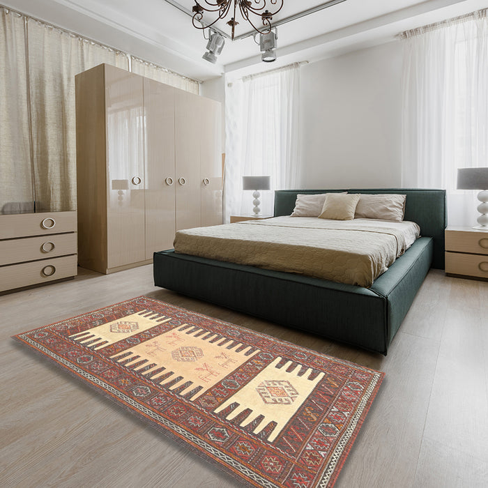 Contemporary Sienna Brown Southwestern Rug in a Bedroom, con2685