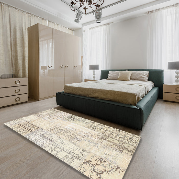 Contemporary Light French Beige Brown Patchwork Rug in a Bedroom, con2688
