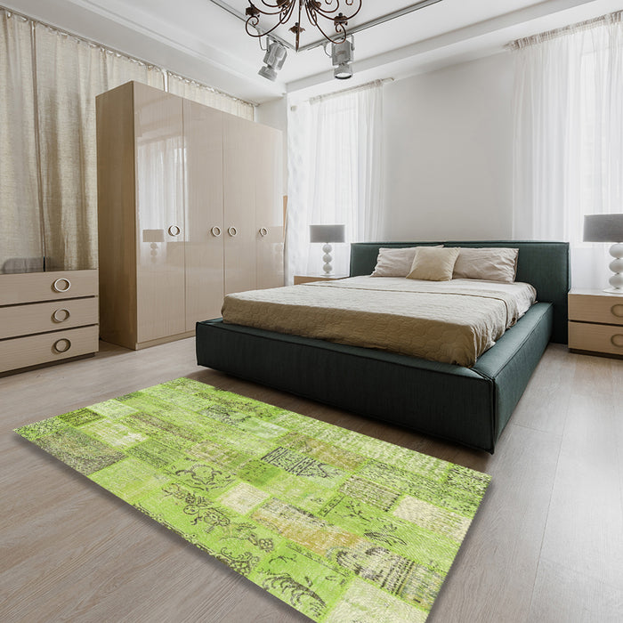 Contemporary Pistachio Green Patchwork Rug in a Bedroom, con2696