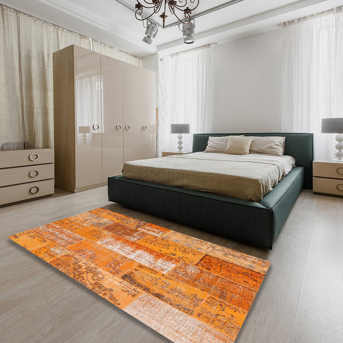 Contemporary Orange Red Patchwork Rug in a Bedroom, con2697