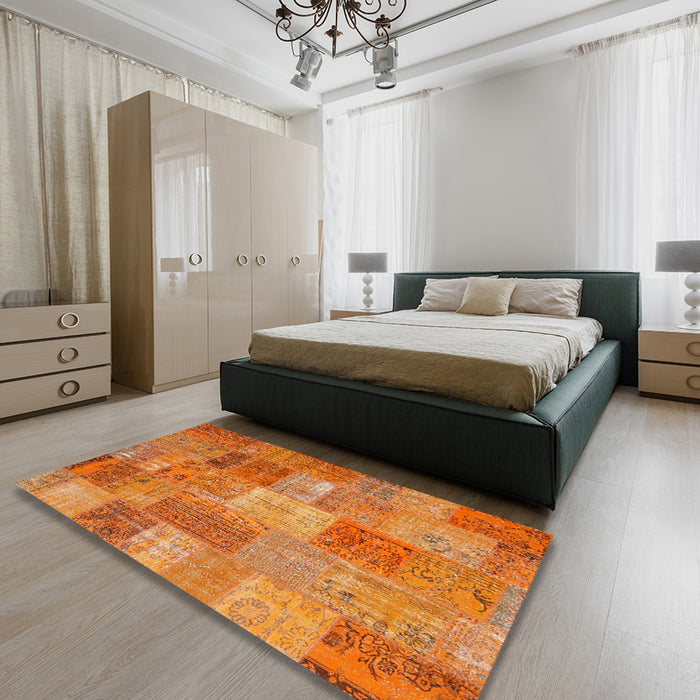 Contemporary Orange Patchwork Rug in a Bedroom, con2698