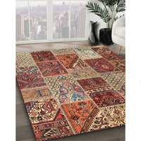 Contemporary Brown Red Patchwork Rug, con2699