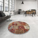 Round Contemporary Brown Red Patchwork Rug in a Office, con2699