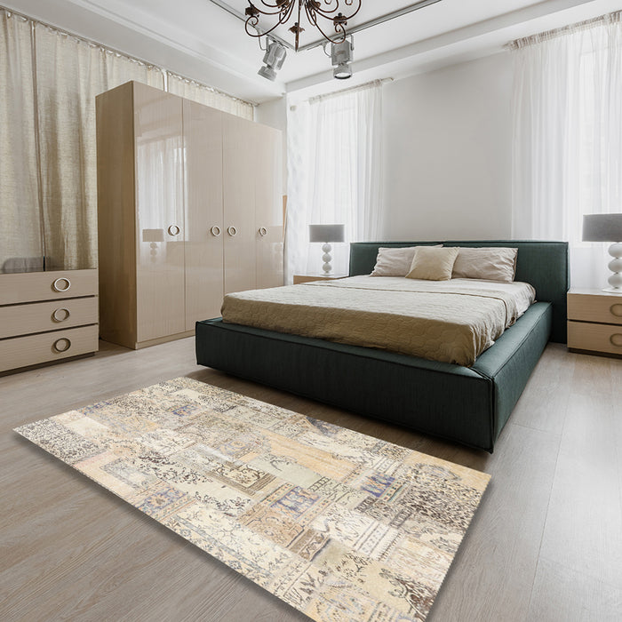 Contemporary Light French Beige Brown Patchwork Rug in a Bedroom, con2701