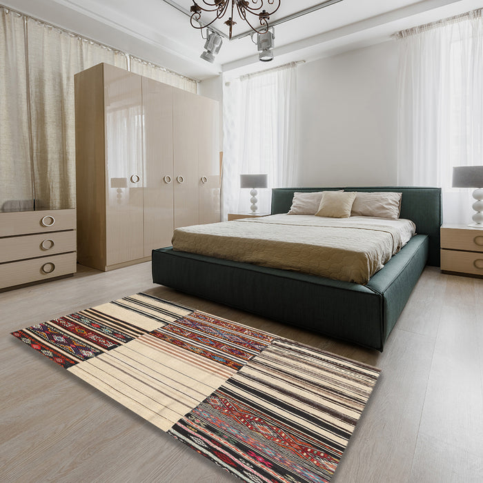 Contemporary Reddish Brown Patchwork Rug in a Bedroom, con2709