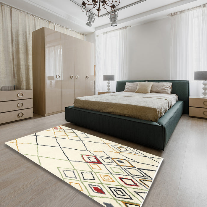 Machine Washable Contemporary Lemon Chiffon Beige Rug in a Bedroom, wshcon2733
