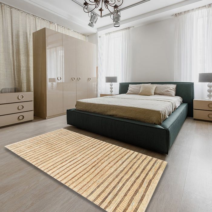 Contemporary Brown Gold Solid Rug in a Bedroom, con277