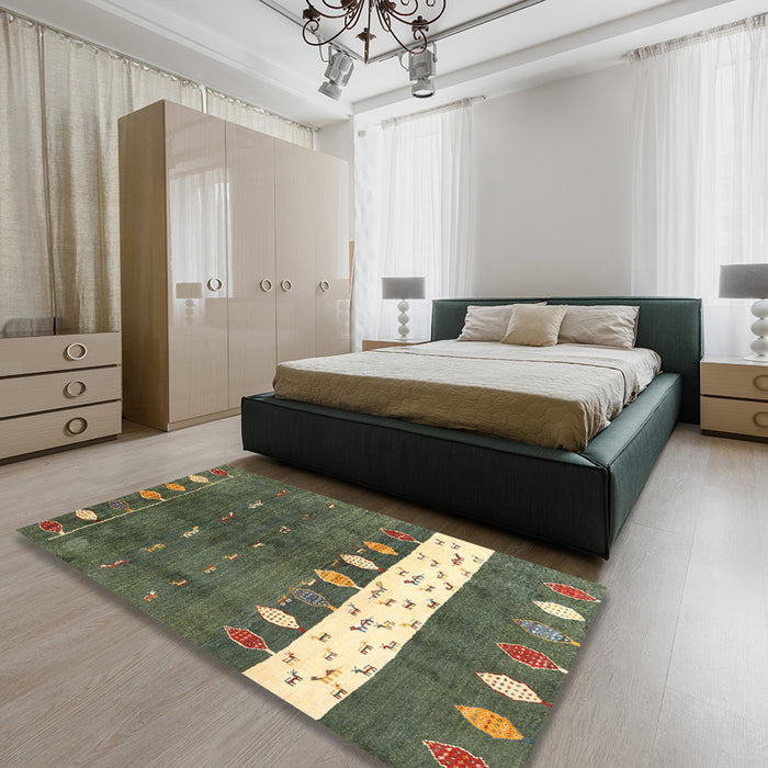 Contemporary Khaki Green Modern Rug in a Bedroom, con2801