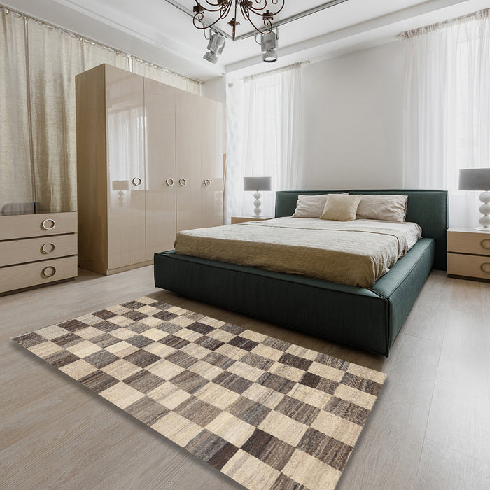 Contemporary Brown Checkered Rug in a Bedroom, con2808