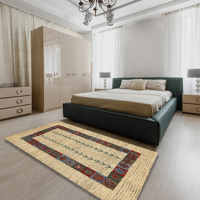 Contemporary Dark Gold Brown Solid Rug in a Bedroom, con2848
