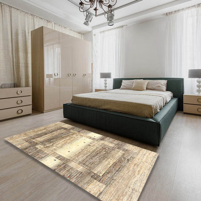 Contemporary Brown Gold Modern Rug in a Bedroom, con2861