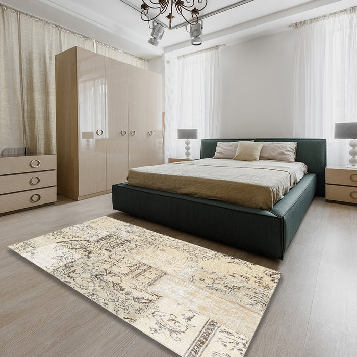 Contemporary Light French Beige Brown Patchwork Rug in a Bedroom, con2863