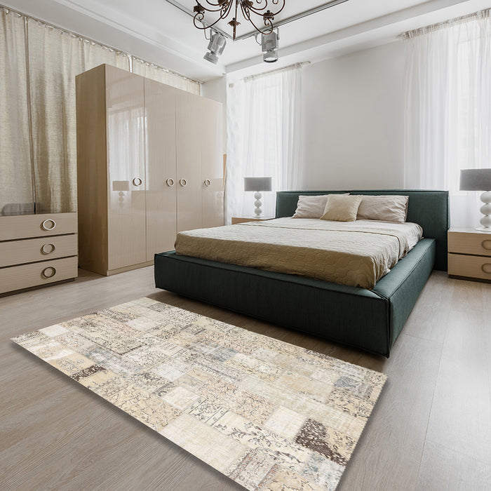 Contemporary Light French Beige Brown Patchwork Rug in a Bedroom, con2872