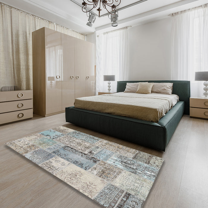 Contemporary Sage Green Patchwork Rug in a Bedroom, con2886