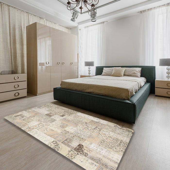 Contemporary Light French Beige Brown Patchwork Rug in a Bedroom, con2887