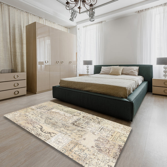 Contemporary Light French Beige Brown Patchwork Rug in a Bedroom, con2913