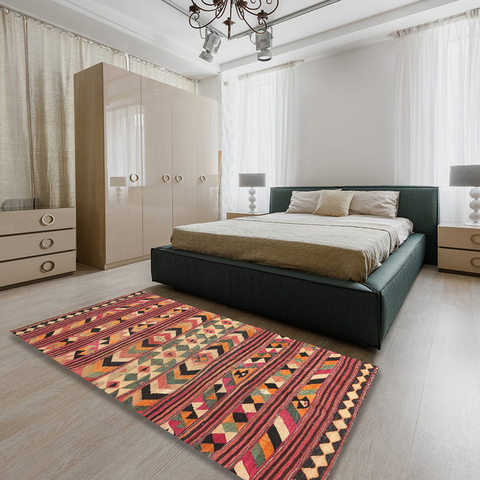 Contemporary Sunrise Orange Oriental Rug in a Bedroom, con2960