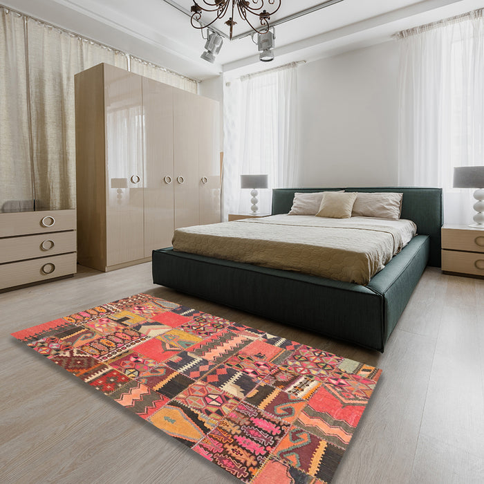 Contemporary Fire Brick Red Patchwork Rug in a Bedroom, con2969