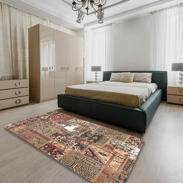 Contemporary Reddish Brown Patchwork Rug in a Bedroom, con2973