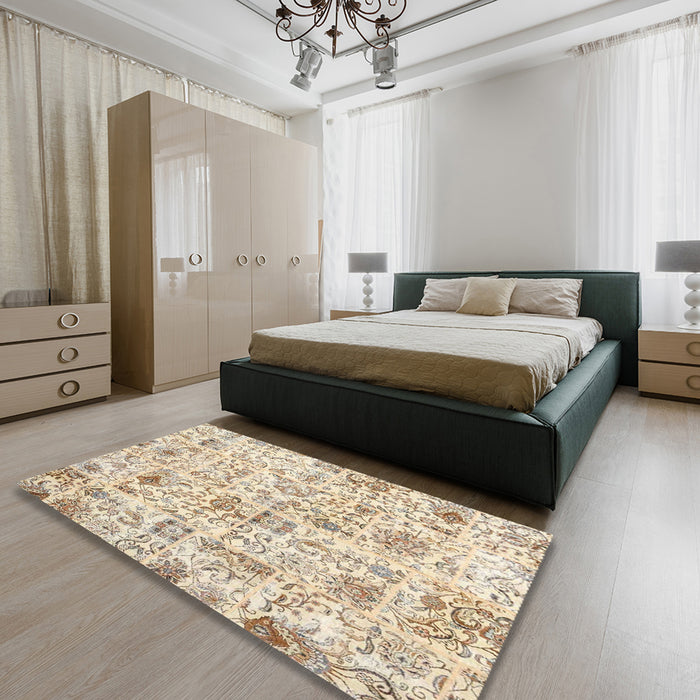 Contemporary Golden Blonde Gold Patchwork Rug in a Bedroom, con2975