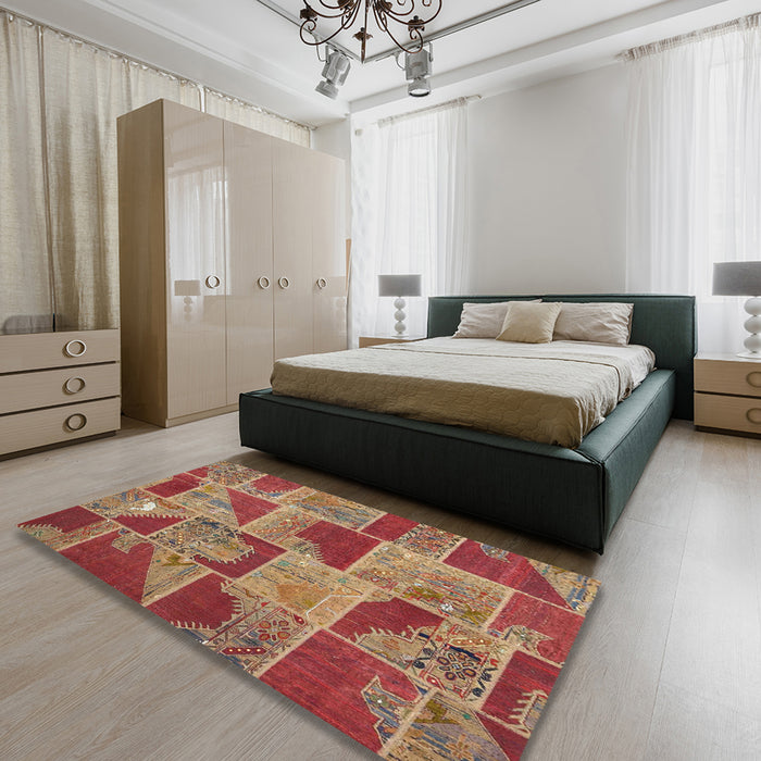 Contemporary Red Patchwork Rug in a Bedroom, con2976