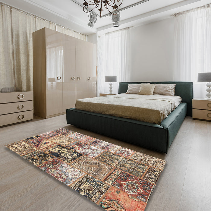Contemporary Chestnut Brown Patchwork Rug in a Bedroom, con2977