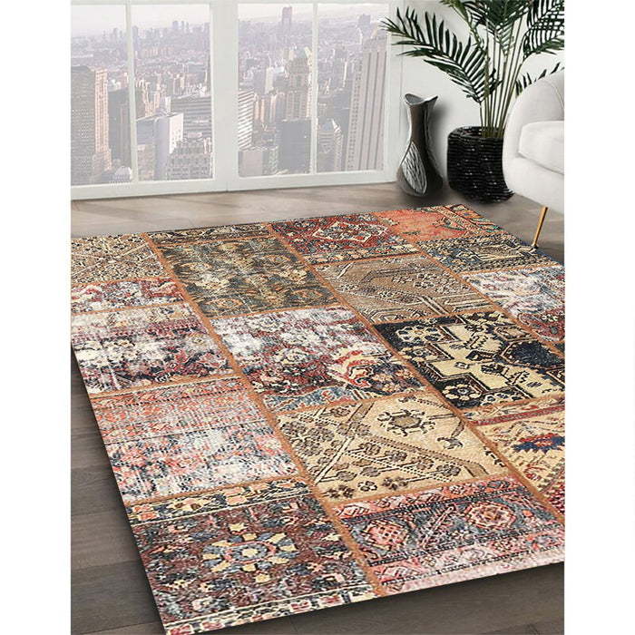 Contemporary Chestnut Brown Patchwork Rug in Family Room, con2977