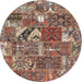 Sideview of Contemporary Dark Sienna Brown Patchwork Rug, con2981