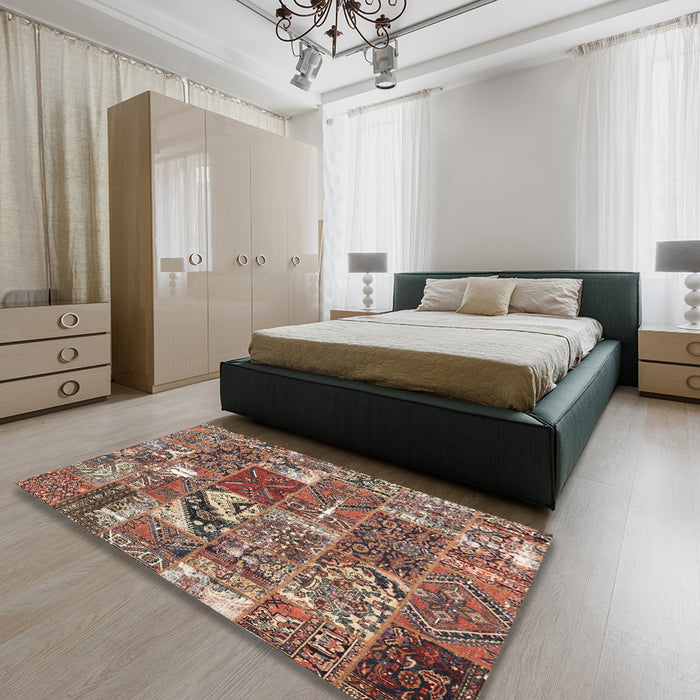 Contemporary Dark Sienna Brown Patchwork Rug in a Bedroom, con2981