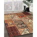 Contemporary Dark Sienna Brown Patchwork Rug in Family Room, con2983