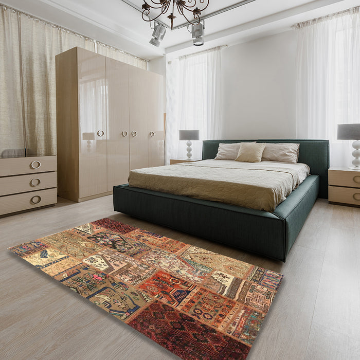 Contemporary Dark Sienna Brown Patchwork Rug in a Bedroom, con2983