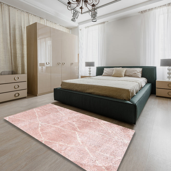 Contemporary Light Red Pink Trellis Rug in a Bedroom, con2990