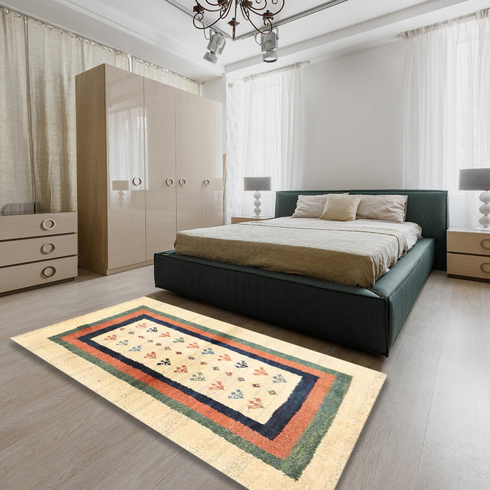 Contemporary Dark Almond Brown Abstract Machine Washable Rug in a Bedroom, wshcon3011