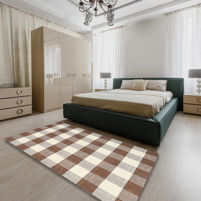 Contemporary Dark Gold Brown Checkered Rug in a Bedroom, con3014