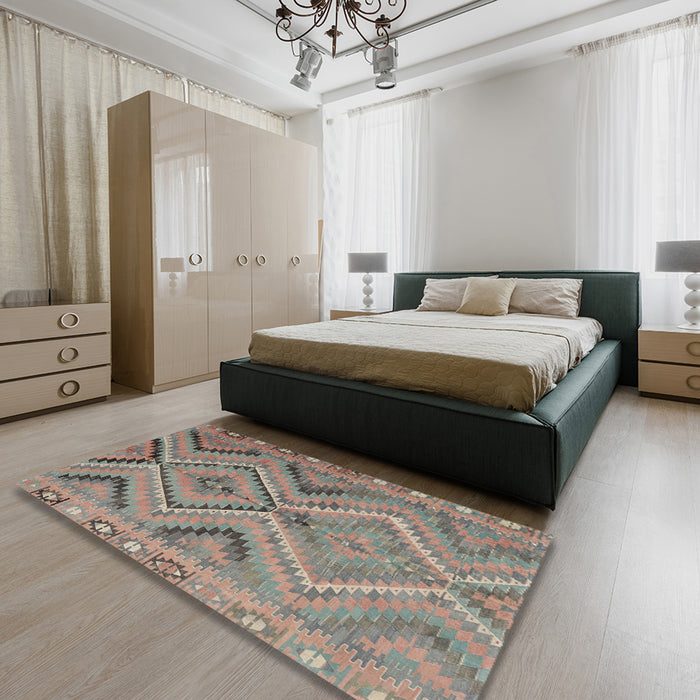 Contemporary Dark Almond Brown Abstract Machine Washable Rug in a Bedroom, wshcon3023