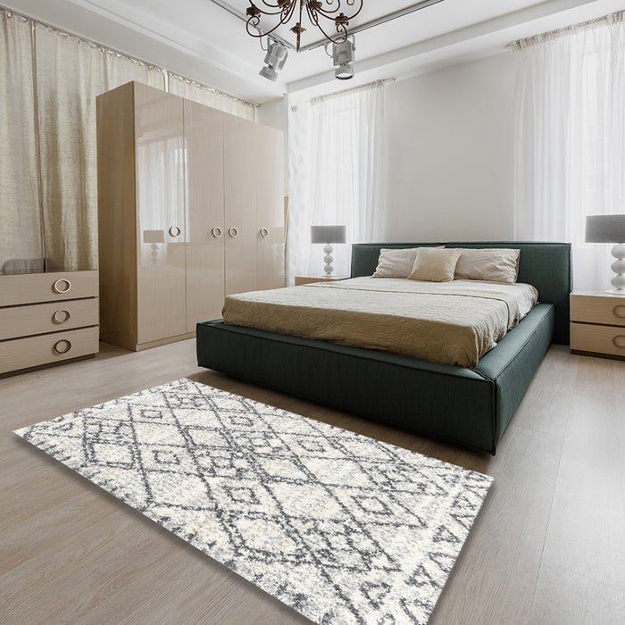 Contemporary Dark Gray Modern Rug in a Bedroom, con3025